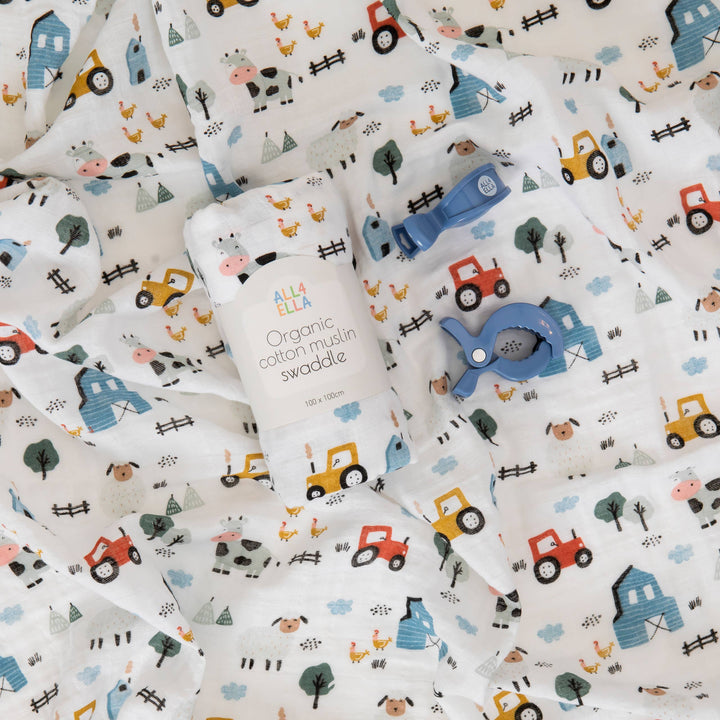 Organic Swaddle & 2 Pram Peg Gift Set - Barnyard