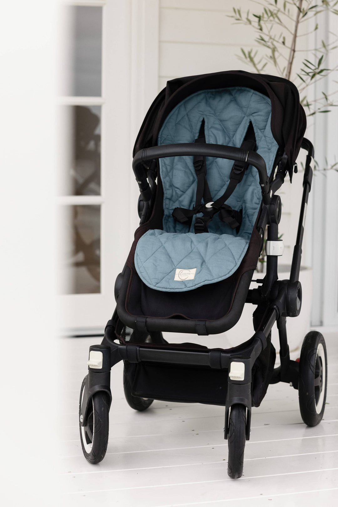 Dusty Denim Blue & Gingham - Pram Liner - Pure Linen