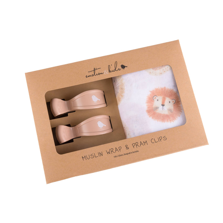 Lions Muslin Wrap & Latte Pram Clips Set