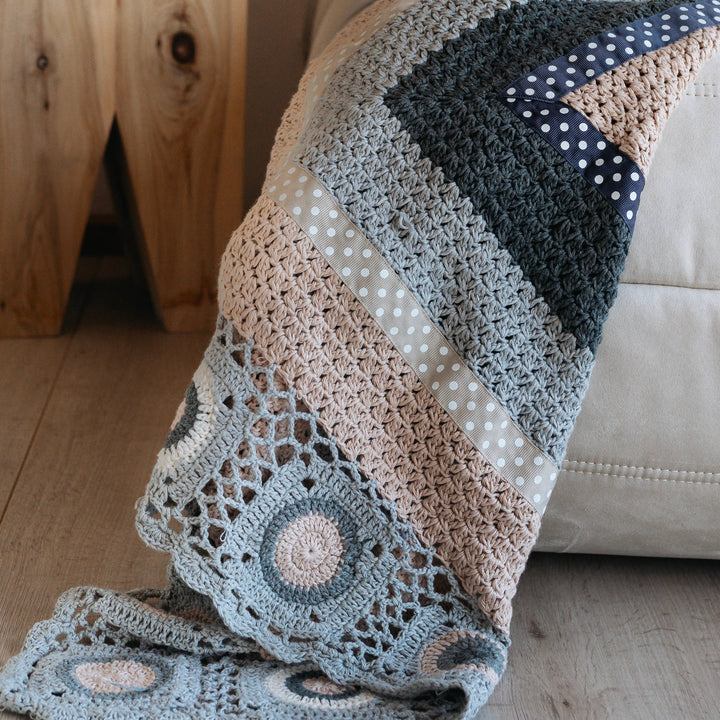 Hand Crochet Grey and Cream Blanket